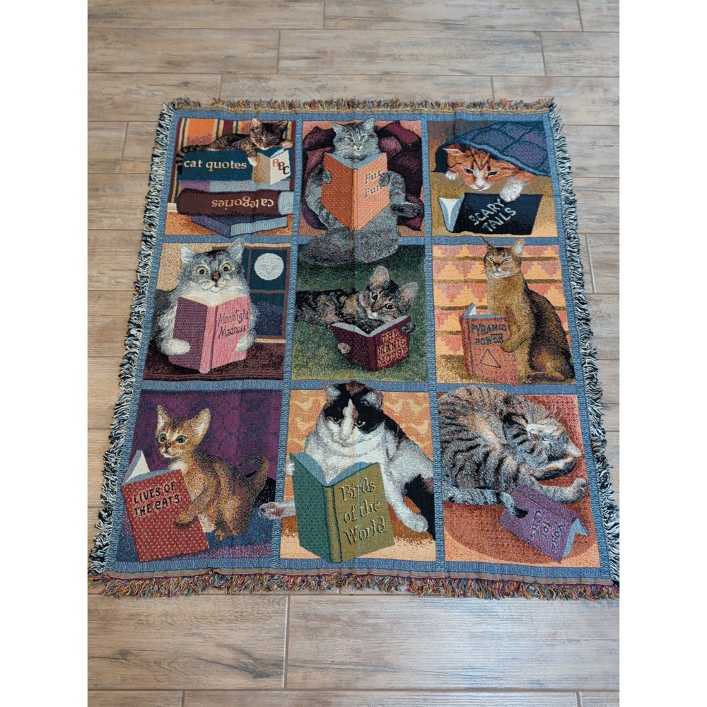 Mill Street Design Cats With Books Tapestry Throw Blanket Woven 100% Cotton